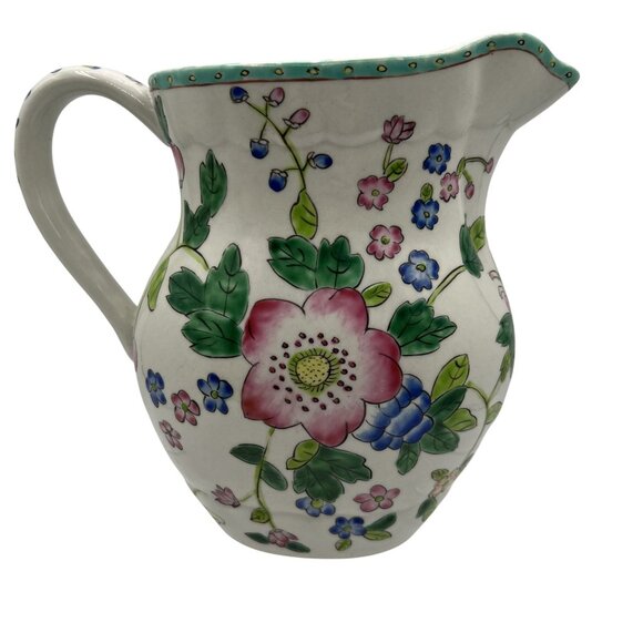 Antique Hand Painted Floral Porcelain Pitcher Handle Scalloped Rim Butterflies - Picture 3 of 10
